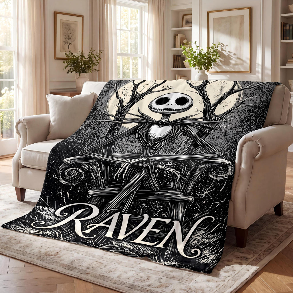 Personalized Flannel Blanket Custom Name Skeleton King Jack Skellington Spooky Gothic Halloween Christmas Fan Gift Cozy Bedding Decor