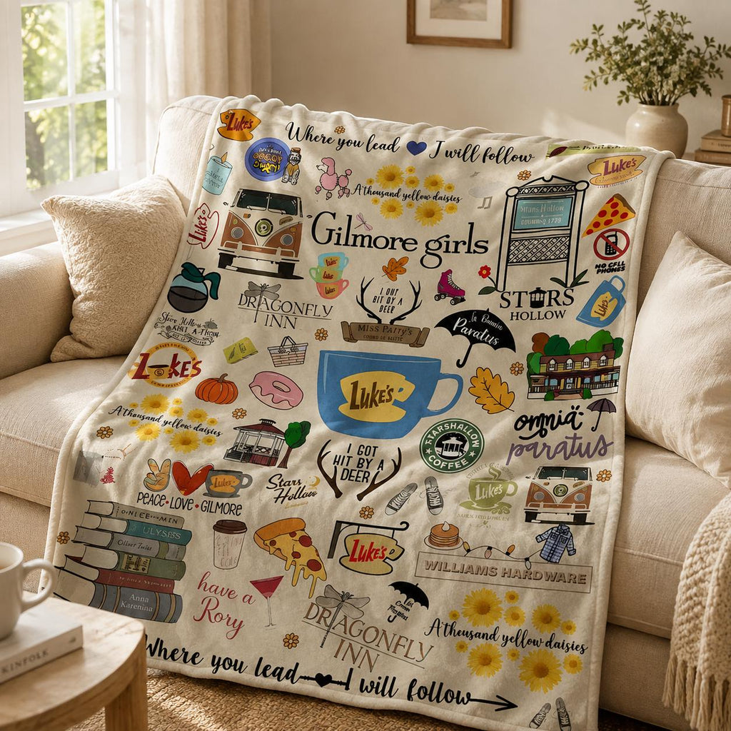 Gilmore Girls Blanket, Stars Hollow Doodle Throw, Luke's Diner Cozy TV Show Blanket, Where You Lead I Will Follow, Coffee Lover Gift