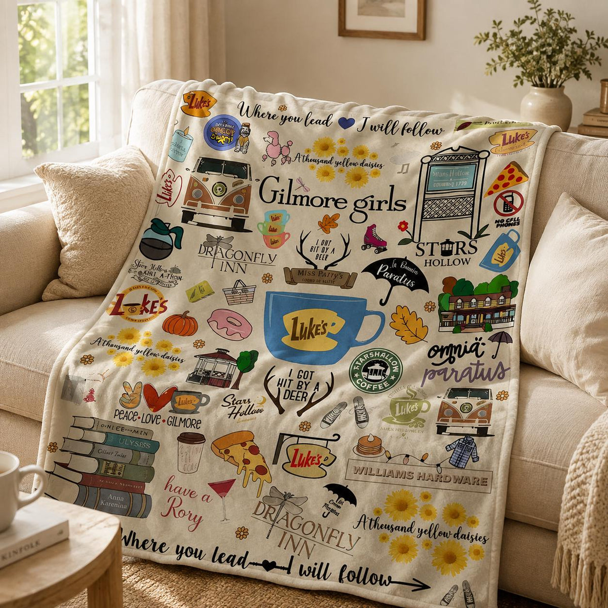 Gilmore Girls Blanket, Stars Hollow Doodle Throw, Luke's Diner Cozy TV Show Blanket, Where You Lead I Will Follow, Coffee Lover Gift