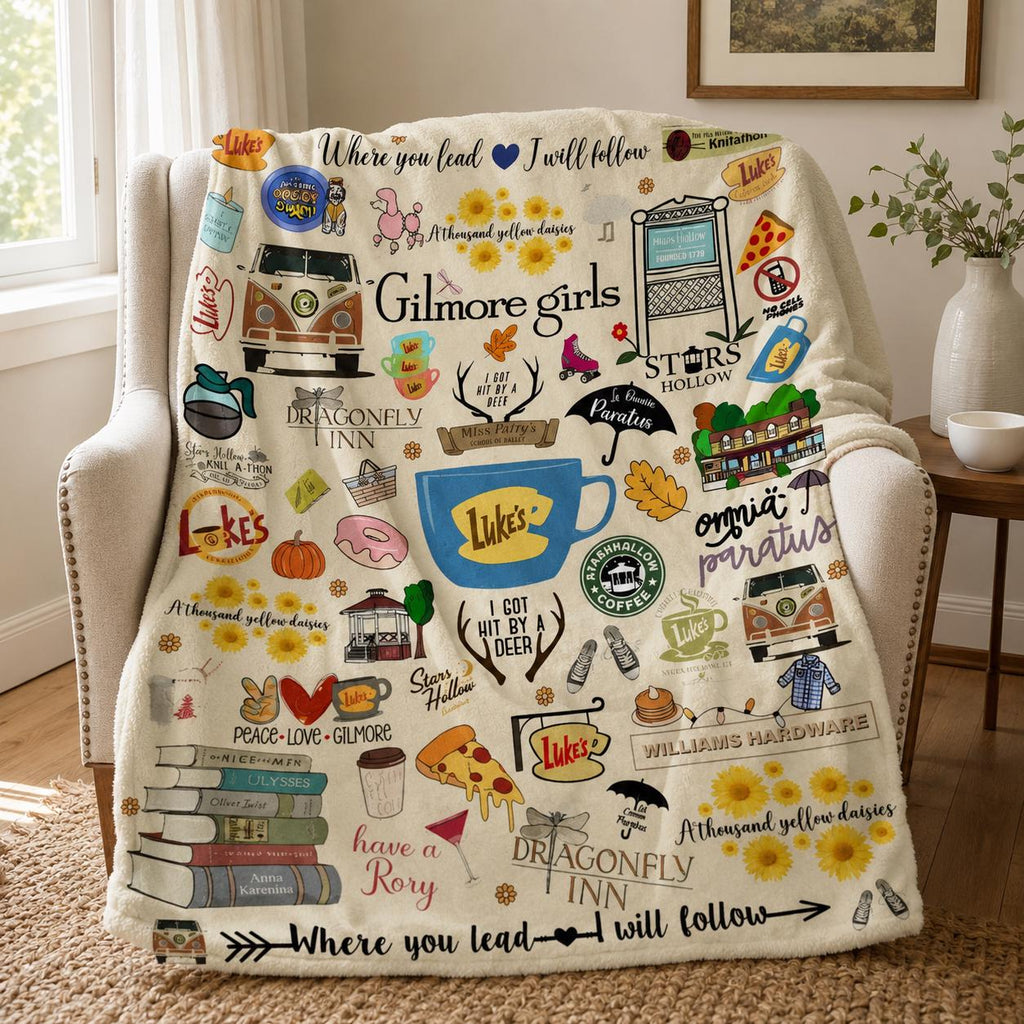 Gilmore Girls Blanket, Stars Hollow Doodle Throw, Luke's Diner Cozy TV Show Blanket, Where You Lead I Will Follow, Coffee Lover Gift