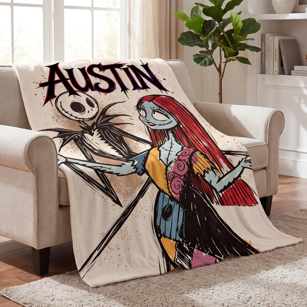 Personalized Flannel Blanket Custom Jack and Sally Cozy Throw Spooky Halloween Couples Decor Gothic Movie Fan Gift with Custom Name