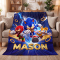 Personalized Fast Blue Hedgehog Flannel Blanket, Custom Name Retro Gamer Throw, Kids Video Game Bedding