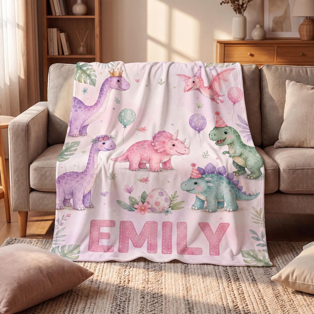 Personalized Dinosaur Blanket, Custom Name Dino Throw for Boys and Girls, Toddler Nursery Decor, Kids Flannel Tapestry, Baby Shower Gift