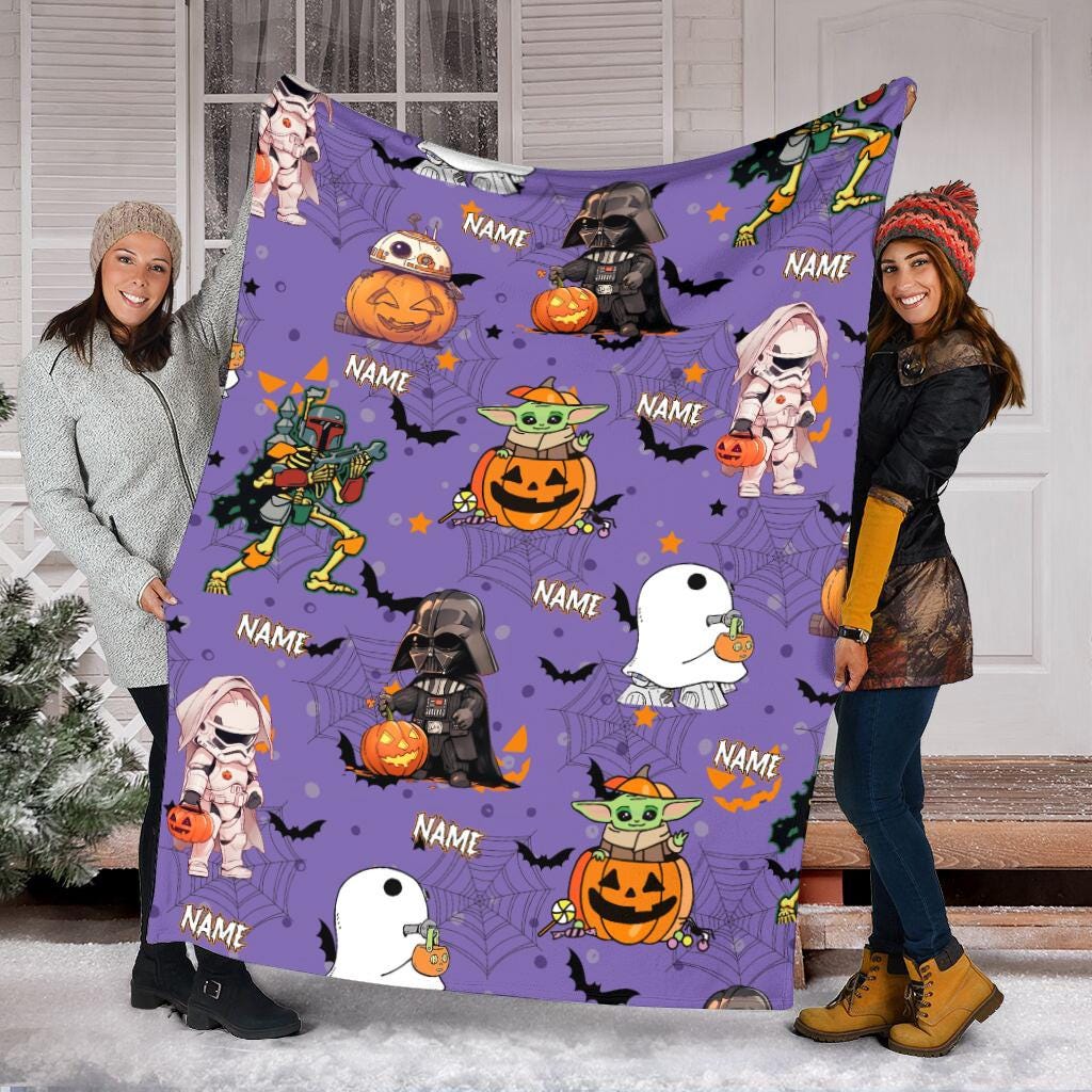 Personalized Star Wars Halloween Blanket, Custom Name Spooky Pumpkin Yoda Darth Vader Throw Blanket, Cute Sci Fi Spooky Season Blanket Gift