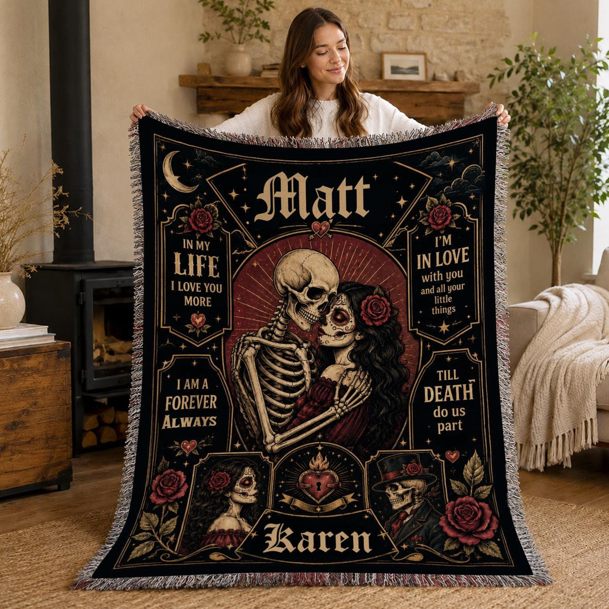 Personalized Skeleton Couple Blanket, Custom Names, Romantic Halloween Gift (Fleece, Sherpa, Woven, Quilt)