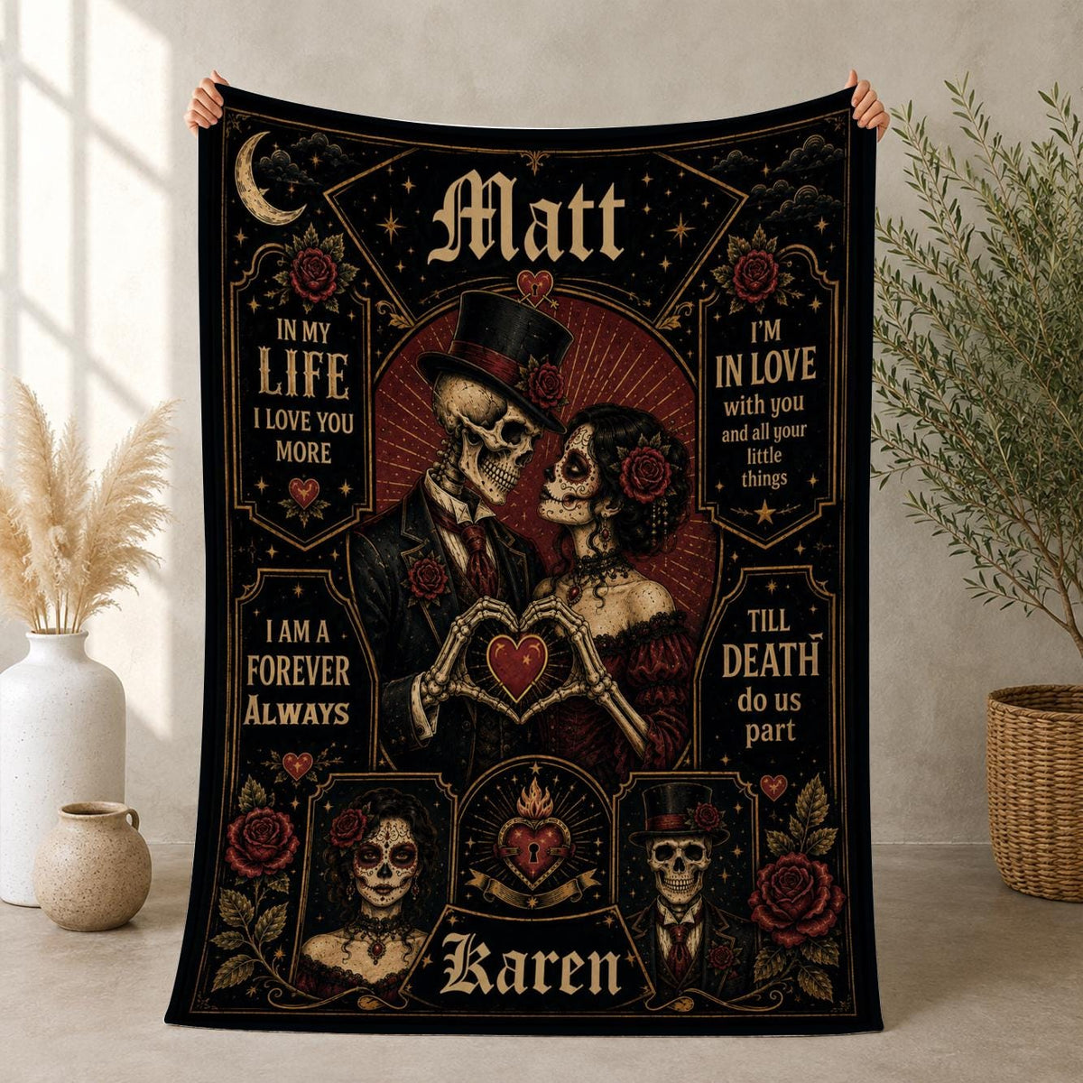 Personalized Skeleton Couple Blanket, Custom Names, Romantic Halloween Gift (Fleece, Sherpa, Woven, Quilt)