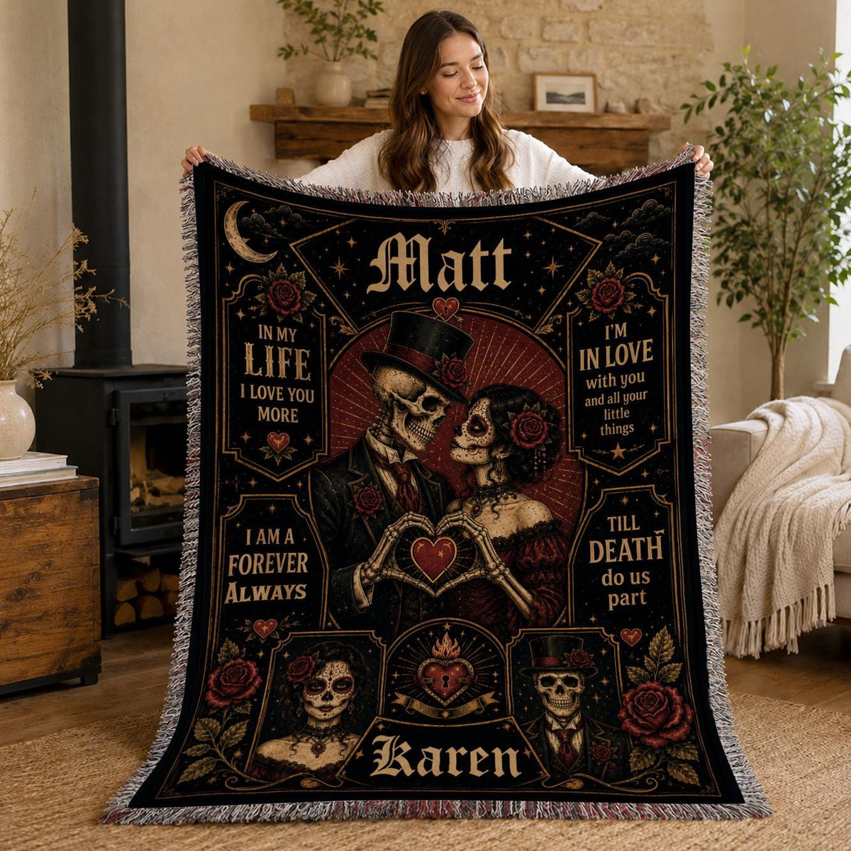 Personalized Skeleton Couple Blanket, Custom Names, Romantic Halloween Gift (Fleece, Sherpa, Woven, Quilt)