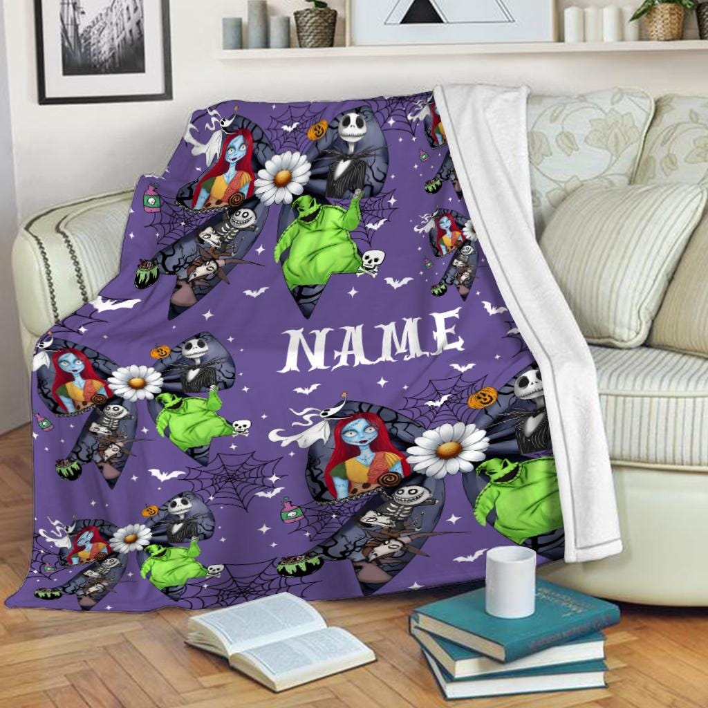 Personalized Nightmare Before Christmas Blanket, Custom Name Jack Skellington Sally Throw Blanket, Spooky Season Gothic Halloween Gift