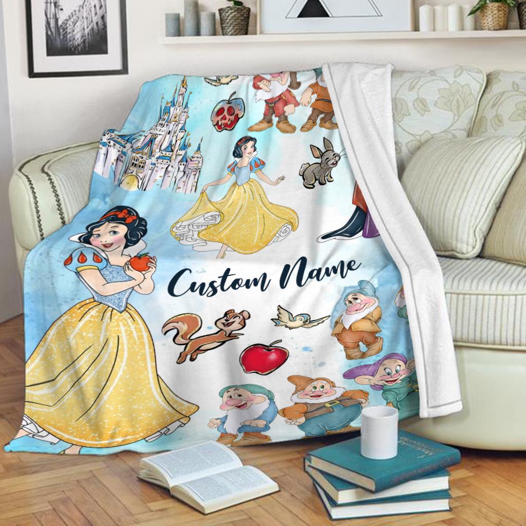 Personalized Snow White Blanket, Custom Name Disney Princess Throw Blanket, Evil Queen & Seven Dwarfs Cute Fleece Blanket Kids Gift