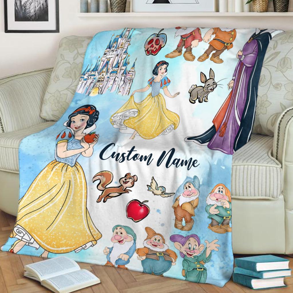 Personalized Snow White Blanket, Custom Name Disney Princess Throw Blanket, Evil Queen & Seven Dwarfs Cute Fleece Blanket Kids Gift