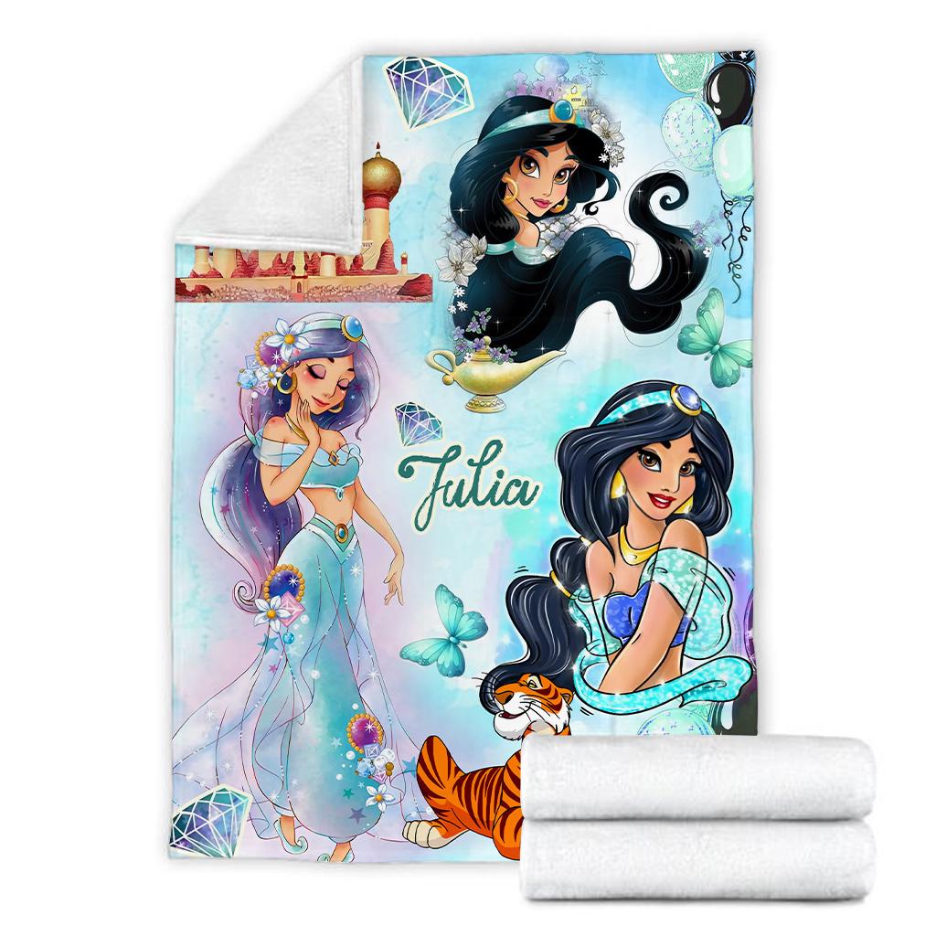 Personalized Princess Jasmine Blanket, Custom Name Disney Jasmine & Rajah Throw Blanket, Magic Lamp Palace Cute Fleece Blanket Kids Gift