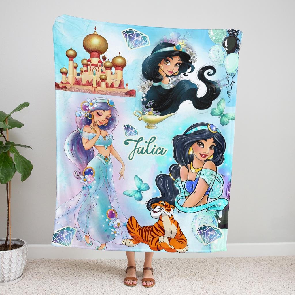 Personalized Princess Jasmine Blanket, Custom Name Disney Jasmine & Rajah Throw Blanket, Magic Lamp Palace Cute Fleece Blanket Kids Gift