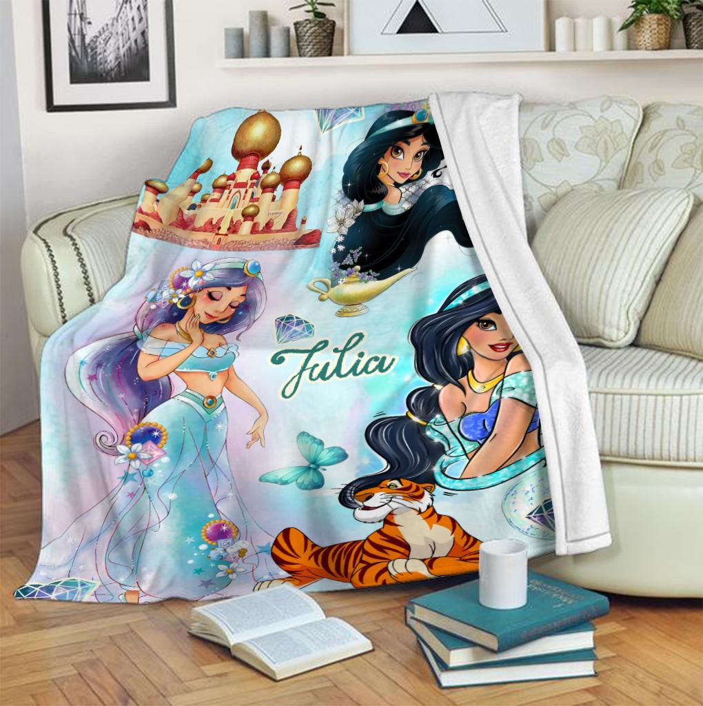 Personalized Princess Jasmine Blanket, Custom Name Disney Jasmine & Rajah Throw Blanket, Magic Lamp Palace Cute Fleece Blanket Kids Gift