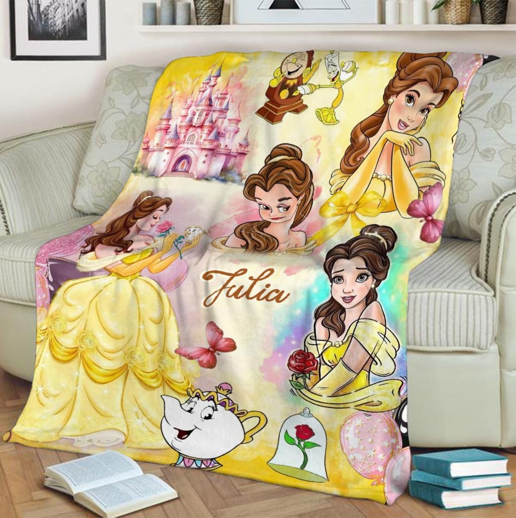Personalized Princess Belle Blanket, Custom Name Beauty and the Beast Throw Blanket, Cute Fleece Blanket Kids Gift, Cute Fleece Blanket