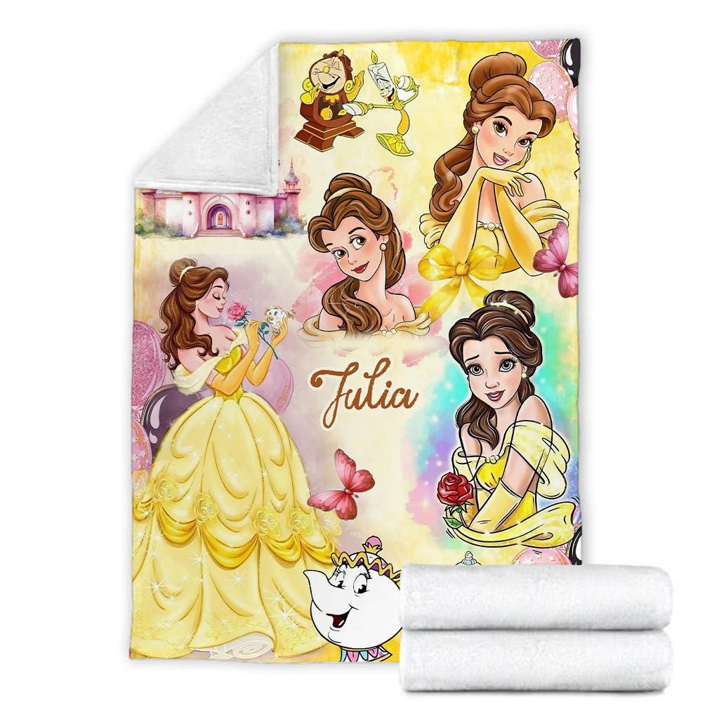 Personalized Princess Belle Blanket, Custom Name Beauty and the Beast Throw Blanket, Cute Fleece Blanket Kids Gift, Cute Fleece Blanket