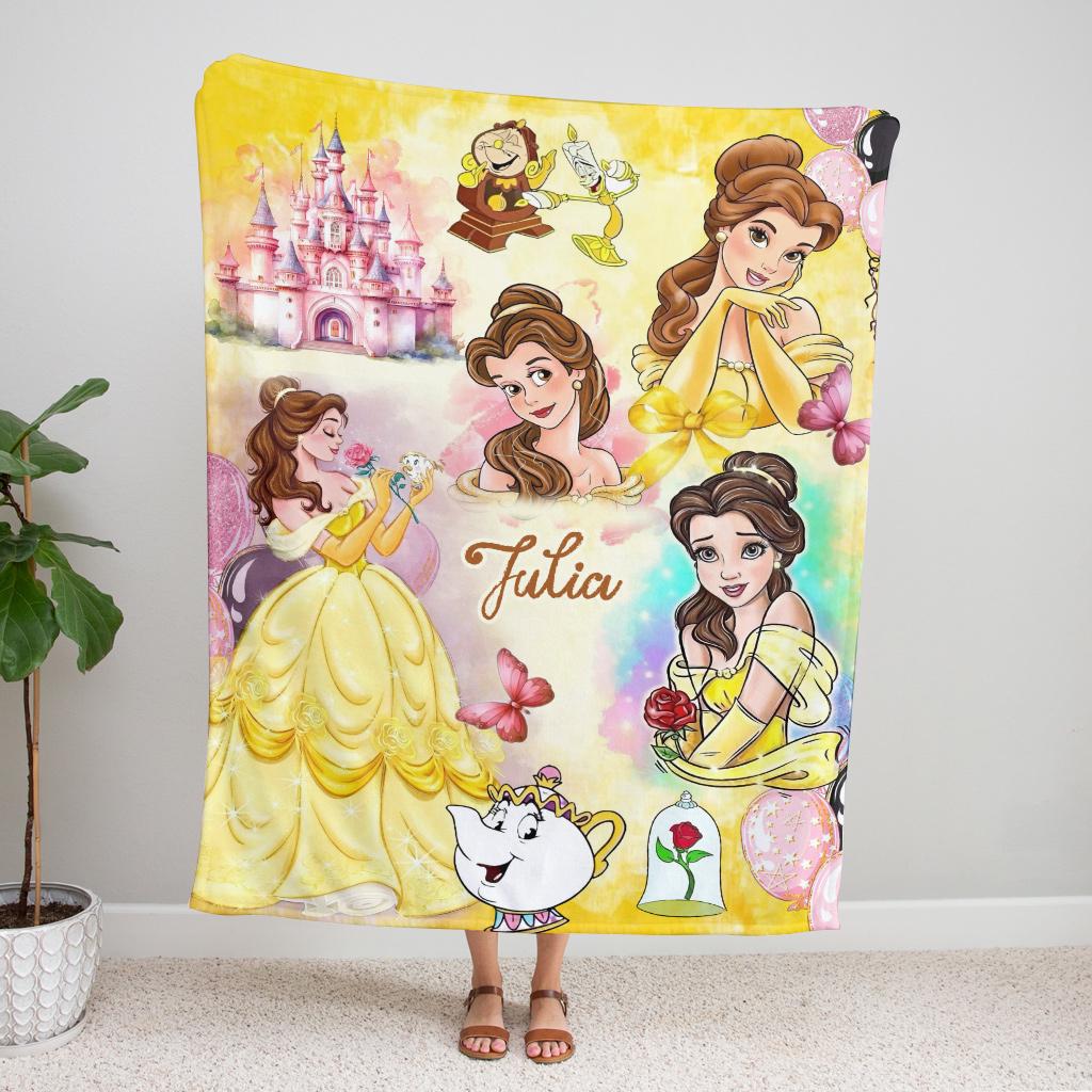 Personalized Princess Belle Blanket, Custom Name Beauty and the Beast Throw Blanket, Cute Fleece Blanket Kids Gift, Cute Fleece Blanket
