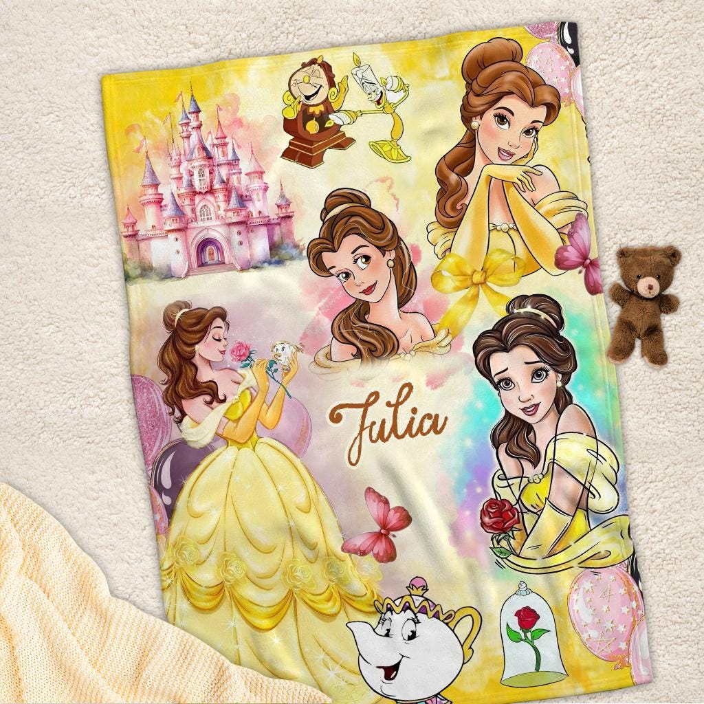Personalized Princess Belle Blanket, Custom Name Beauty and the Beast Throw Blanket, Cute Fleece Blanket Kids Gift, Cute Fleece Blanket