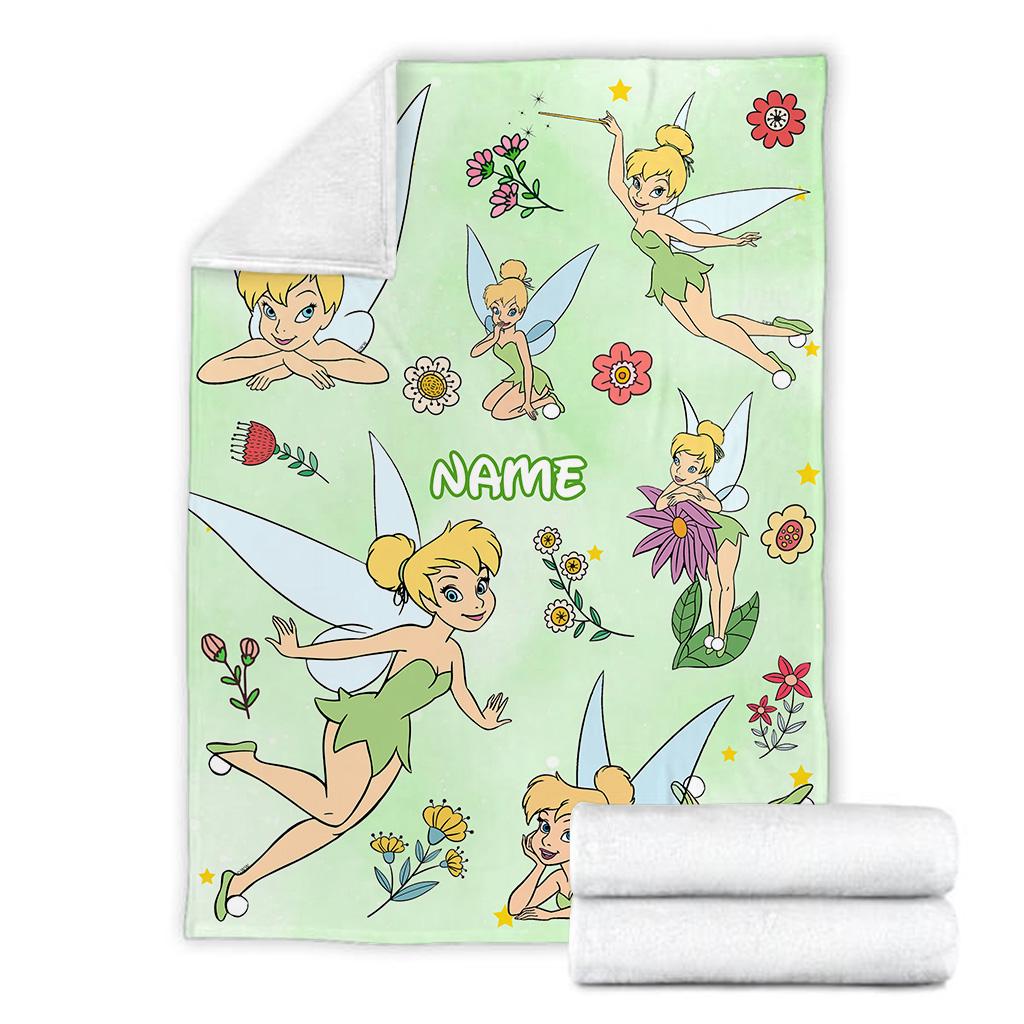 Personalized Tinker Bell Blanket, Custom Name Disney Tinkerbell Throw Blanket, Cute Fairy Green Fleece Blanket Kids Gift Cute Fleece Blanket