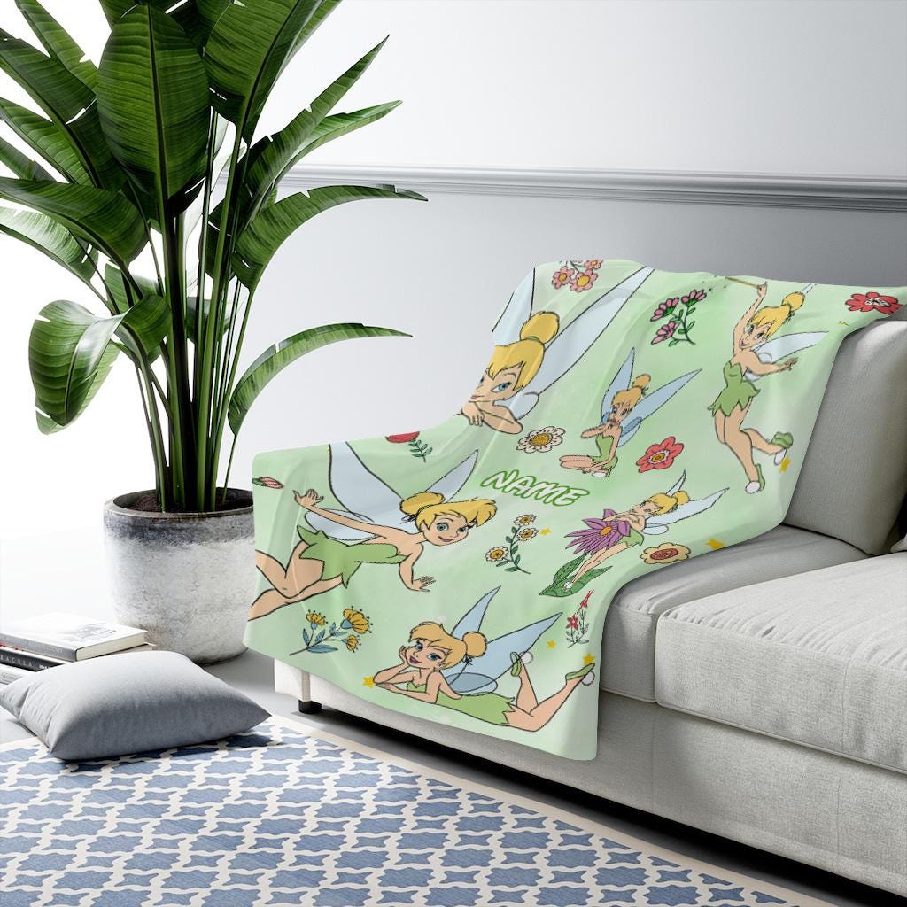 Personalized Tinker Bell Blanket, Custom Name Disney Tinkerbell Throw Blanket, Cute Fairy Green Fleece Blanket Kids Gift Cute Fleece Blanket