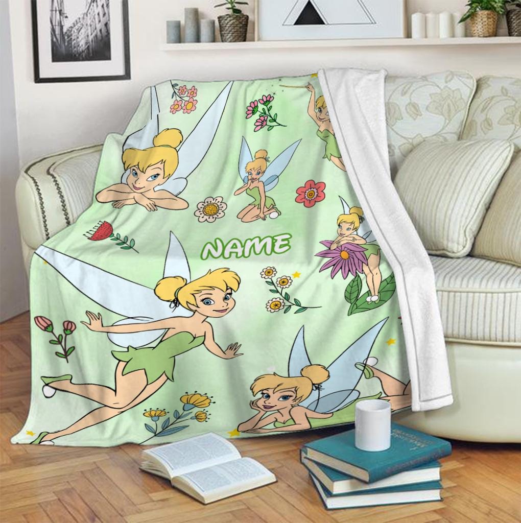 Personalized Tinker Bell Blanket, Custom Name Disney Tinkerbell Throw Blanket, Cute Fairy Green Fleece Blanket Kids Gift Cute Fleece Blanket