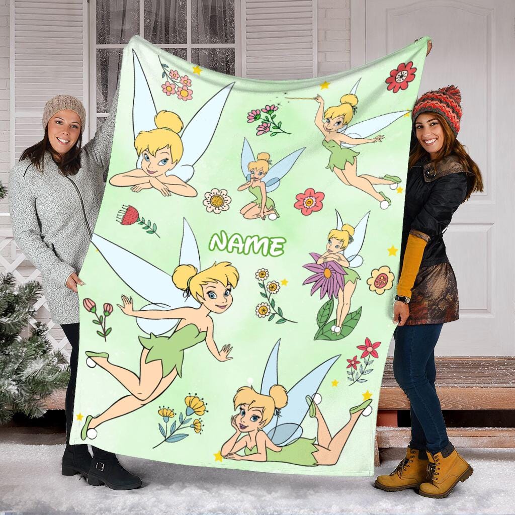 Personalized Tinker Bell Blanket, Custom Name Disney Tinkerbell Throw Blanket, Cute Fairy Green Fleece Blanket Kids Gift Cute Fleece Blanket