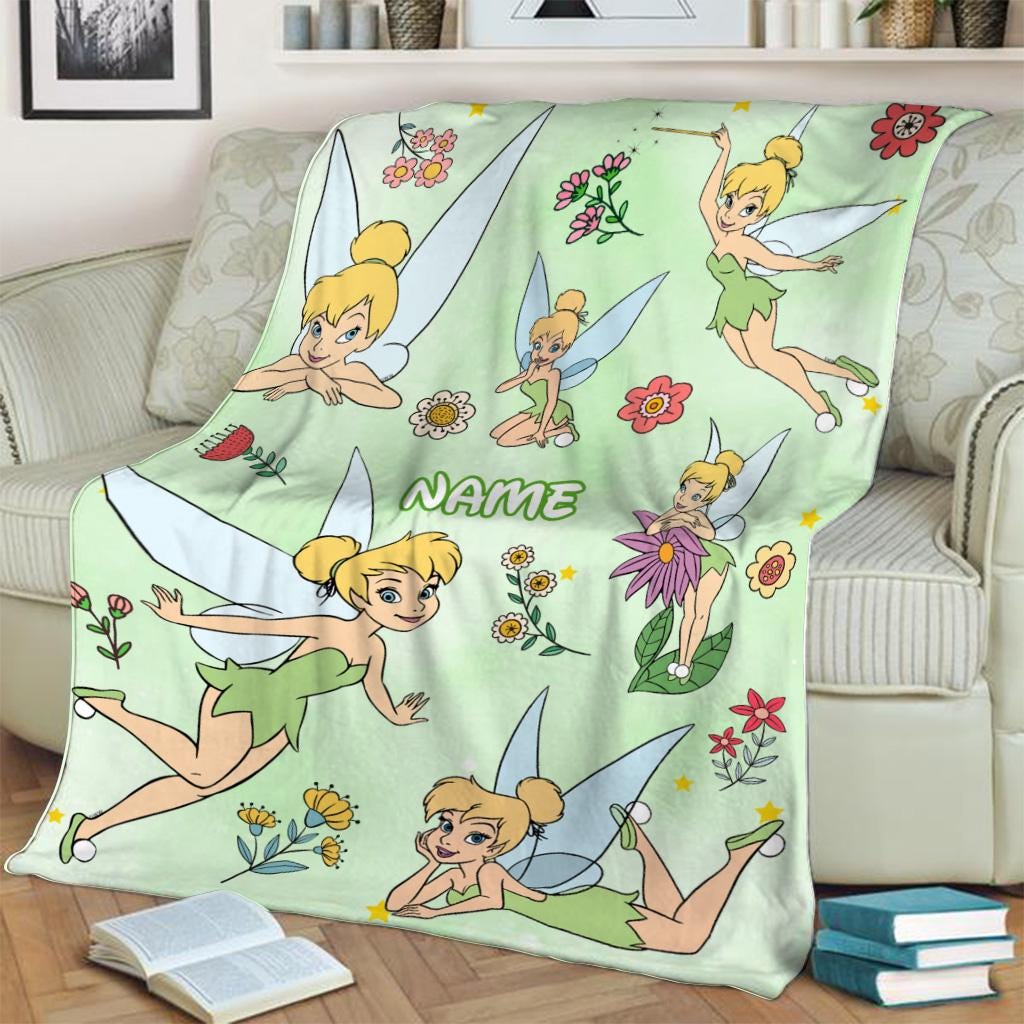 Personalized Tinker Bell Blanket, Custom Name Disney Tinkerbell Throw Blanket, Cute Fairy Green Fleece Blanket Kids Gift Cute Fleece Blanket