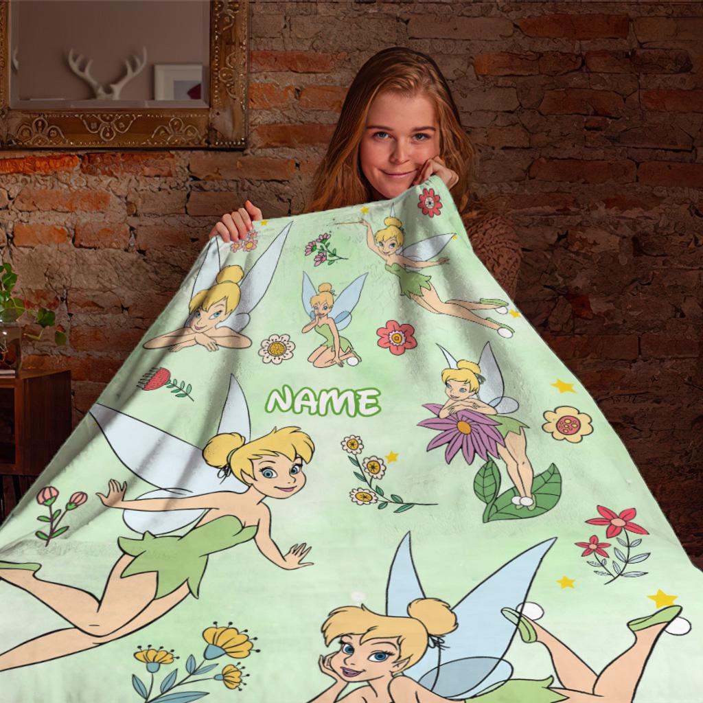 Personalized Tinker Bell Blanket, Custom Name Disney Tinkerbell Throw Blanket, Cute Fairy Green Fleece Blanket Kids Gift Cute Fleece Blanket