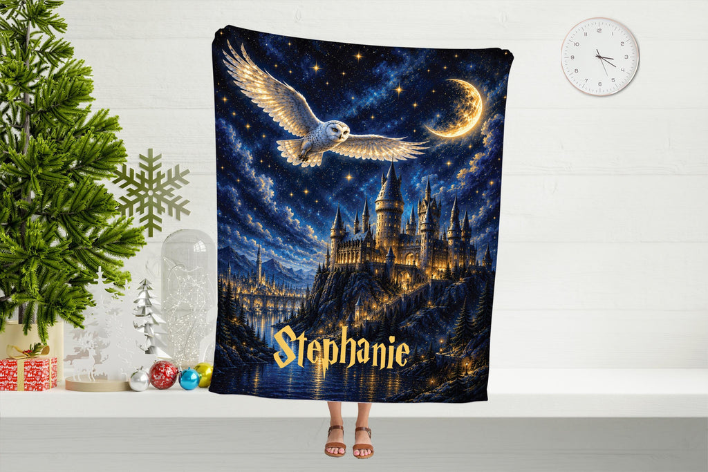 Personalized Wizard Blanket with Name, Magic Castle Throw, Starry Night Blanket, Fantasy Gift, Owl Blanket, Cozy Gift for Kids