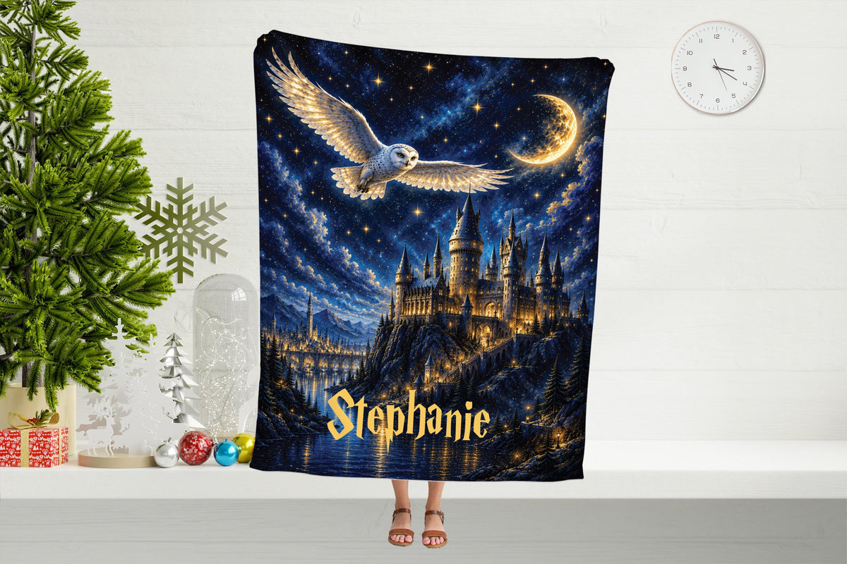 Personalized Wizard Blanket with Name, Magic Castle Throw, Starry Night Blanket, Fantasy Gift, Owl Blanket, Cozy Gift for Kids