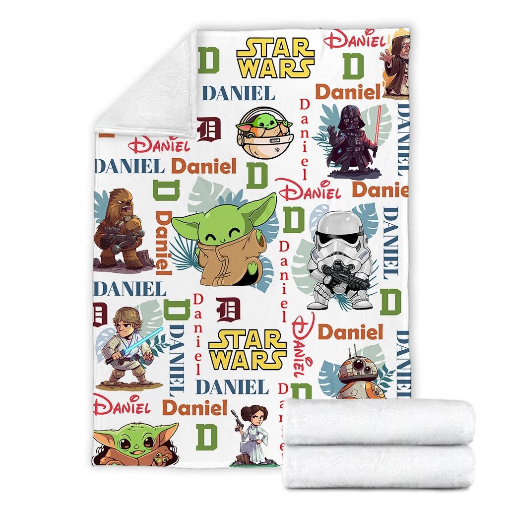 Personalized Star Wars Blanket, Custom Name Baby Yoda Darth Vader Throw Blanket, Cute Sci Fi Fleece Blanket Kids Bedroom Decor Gift