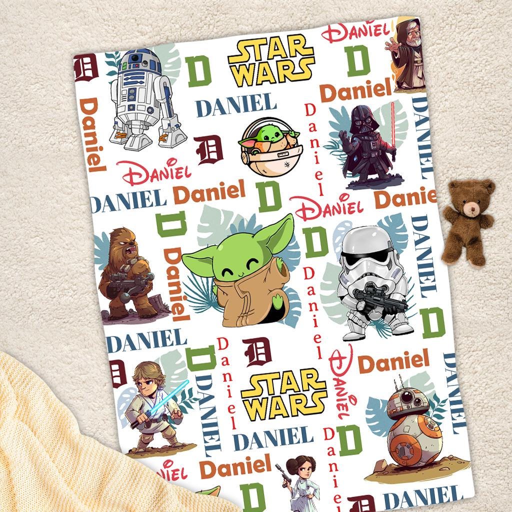 Personalized Star Wars Blanket, Custom Name Baby Yoda Darth Vader Throw Blanket, Cute Sci Fi Fleece Blanket Kids Bedroom Decor Gift