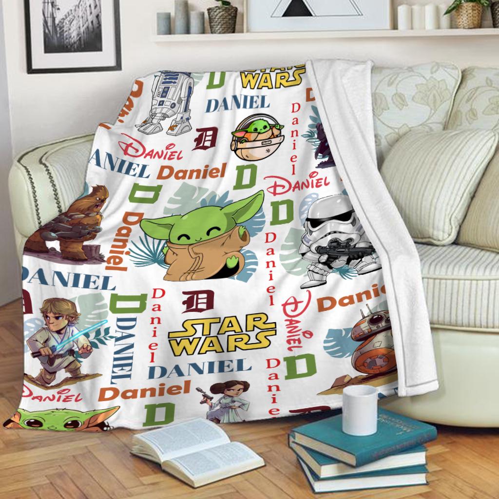 Personalized Star Wars Blanket, Custom Name Baby Yoda Darth Vader Throw Blanket, Cute Sci Fi Fleece Blanket Kids Bedroom Decor Gift