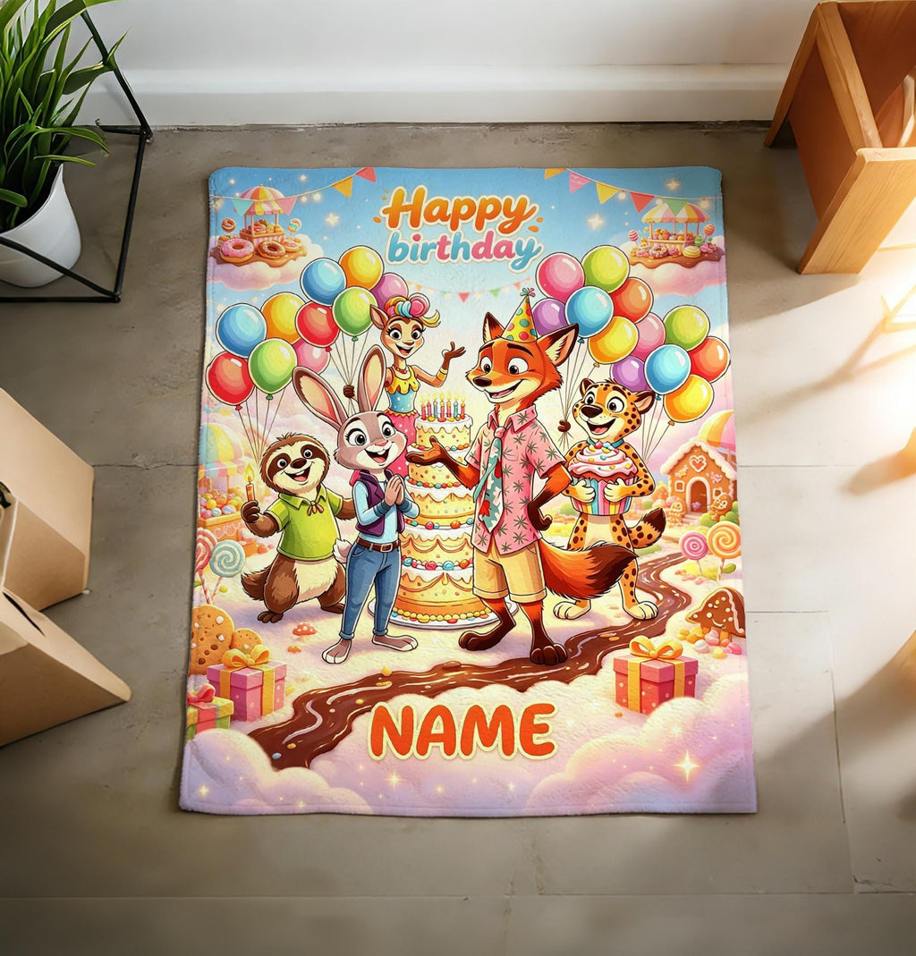 Zootopia Candy Birthday Custom Blanket Soft Throw, Fairytale Cartoon Plush Throw, Dreamy Personalized Surprise Gift For Child's Special Day