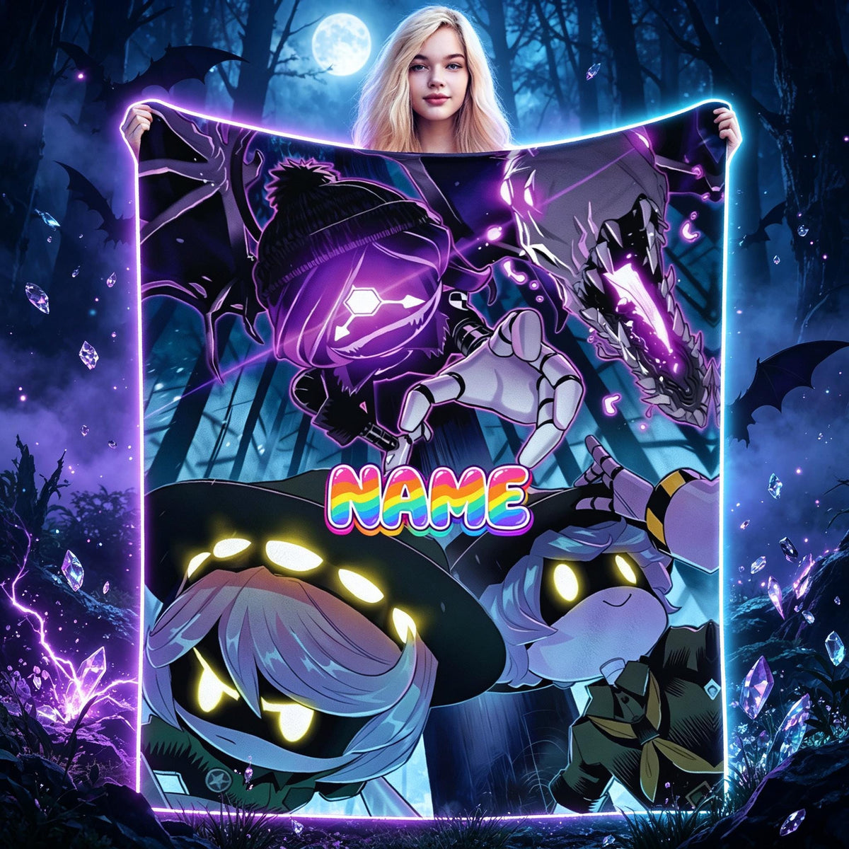 Personalized Neon Robot Blanket, Custom Name Flannel Throw, Purple Sci Fi Gamer Blanket, Cyber Character Gift for Teens