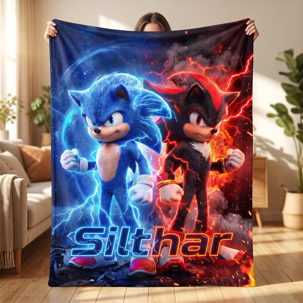 Blue & Black Hedgehog Gamer Blanket, Epic Sci-Fi Action Hero Throw, Lightning Energy Fleece Bedding, Teen Boy Custom Room Decor