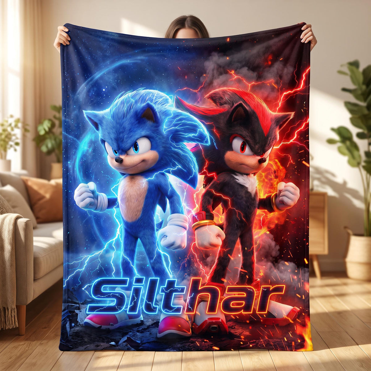 Blue & Black Hedgehog Gamer Blanket, Epic Sci-Fi Action Hero Throw, Lightning Energy Fleece Bedding, Teen Boy Custom Room Decor
