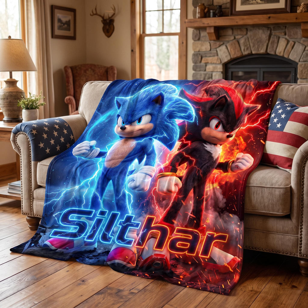 Blue & Black Hedgehog Gamer Blanket, Epic Sci-Fi Action Hero Throw, Lightning Energy Fleece Bedding, Teen Boy Custom Room Decor