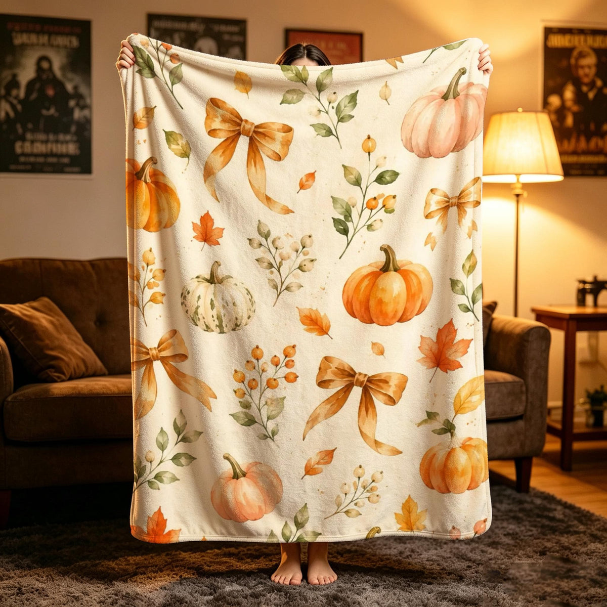 Fall Pumpkin Blanket, Watercolor Bow Throw, Autumn Botanical Flannel, Cottagecore Decor, Cozy Home Gift