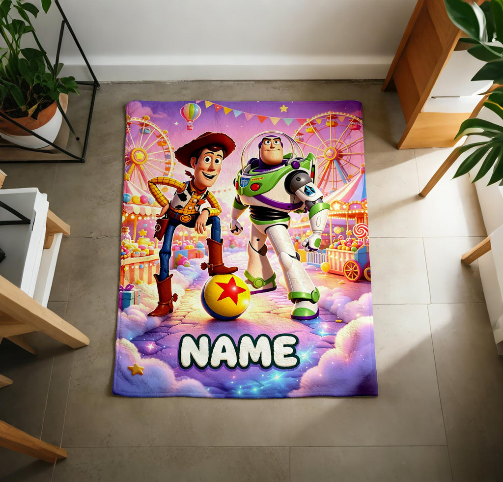Personalized Toy Story Fleece Throw, Custom Name Carnival Print, Soft Plush Blanket