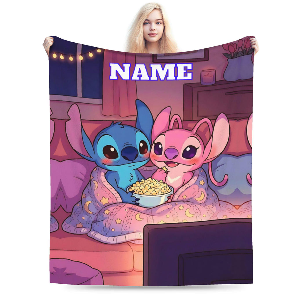 Personalized Blue Alien Flannel Blanket, Custom Name Cute Space Couple Throw, Soft Cozy Kids Teen Blanket, Bedroom Sofa Travel Gift