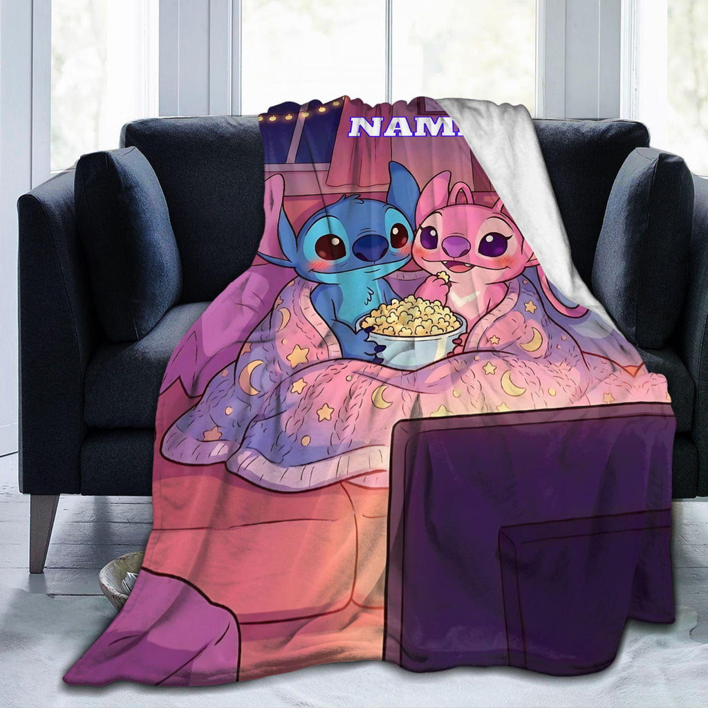 Personalized Blue Alien Flannel Blanket, Custom Name Cute Space Couple Throw, Soft Cozy Kids Teen Blanket, Bedroom Sofa Travel Gift