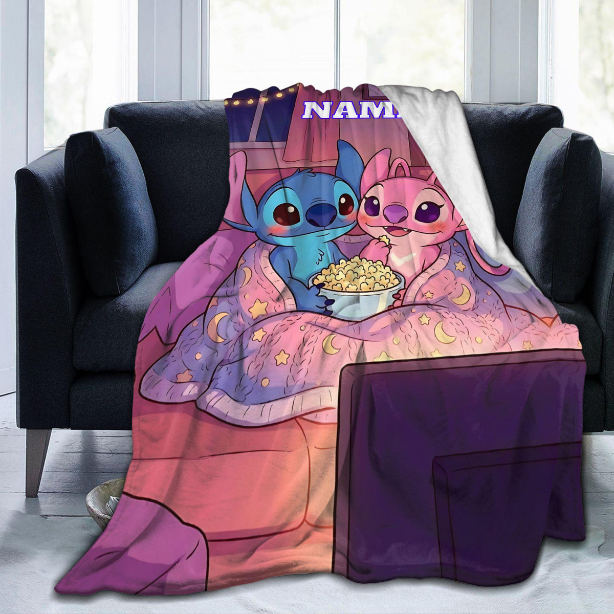 Personalized Blue Alien Flannel Blanket, Custom Name Cute Space Couple Throw, Soft Cozy Kids Teen Blanket, Bedroom Sofa Travel Gift