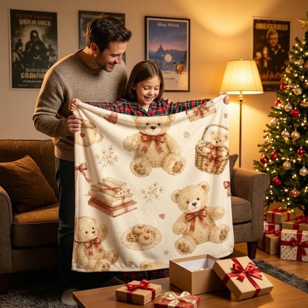 Teddy Bear Lover Blanket, Vintage Plush Throw, Watercolor Floral Flannel, Cozy Home Decor, Gift for Her Her Child