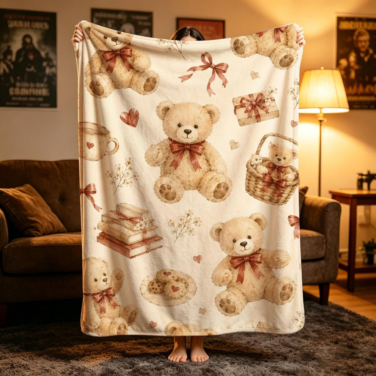 Teddy Bear Lover Blanket, Vintage Plush Throw, Watercolor Floral Flannel, Cozy Home Decor, Gift for Her Her Child