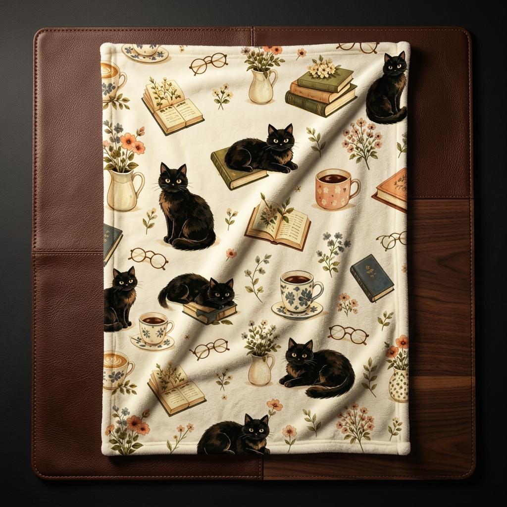 Cozy Bookish Throw, Vintage Black Cat Flannel, Coffee Books Blanket, Cottagecore Decor, Perfect Gift for Reader Girl
