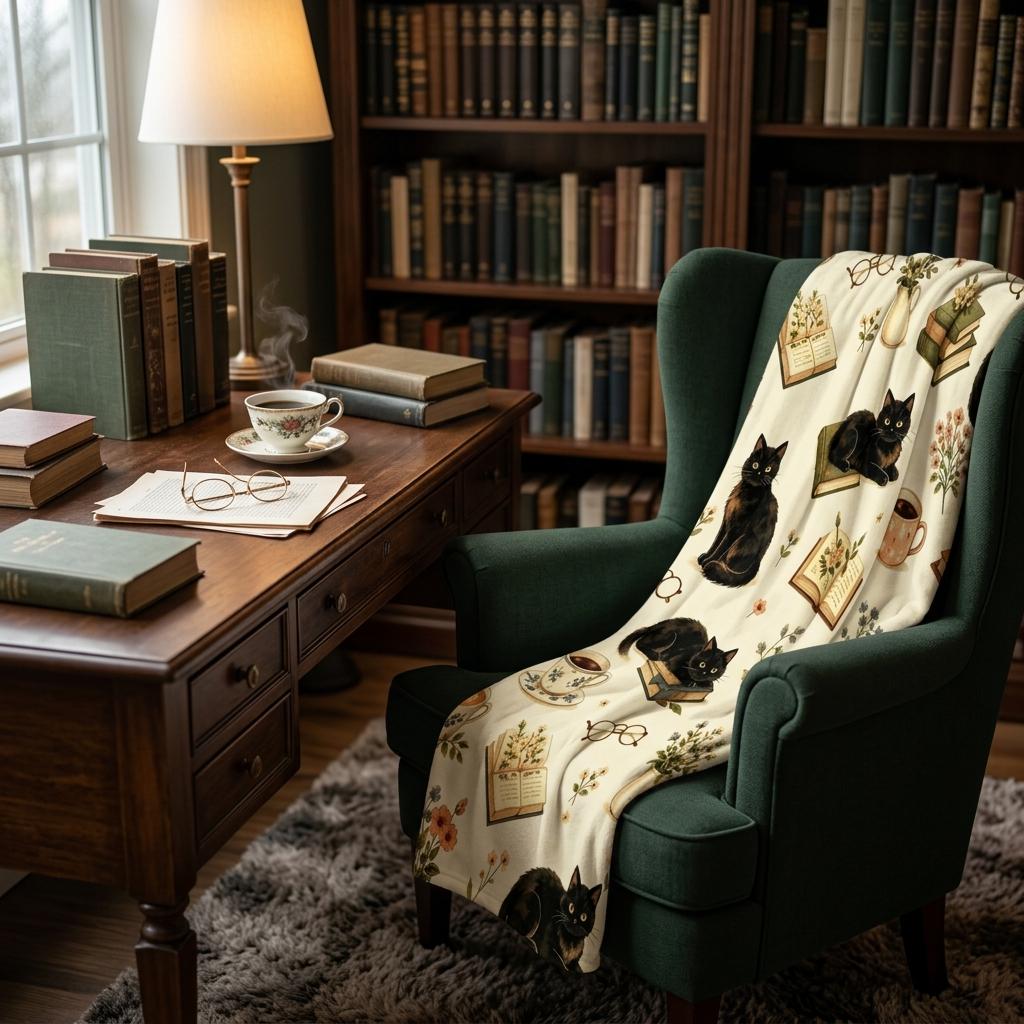 Cozy Bookish Throw, Vintage Black Cat Flannel, Coffee Books Blanket, Cottagecore Decor, Perfect Gift for Reader Girl