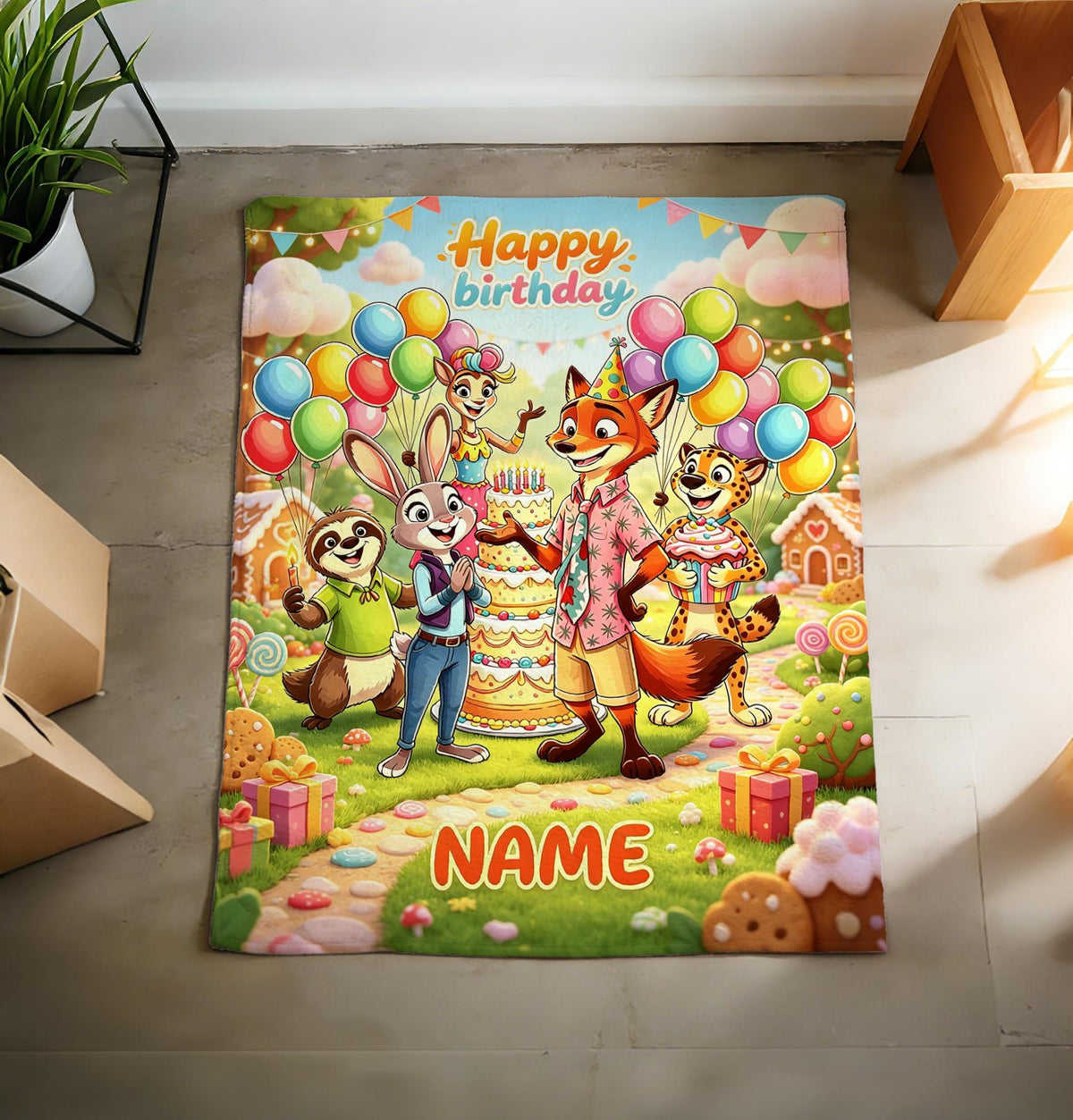 Custom Name Zootopia Birthday Blanket Soft Throw, Personalized Kids Cartoon Birthday Gift