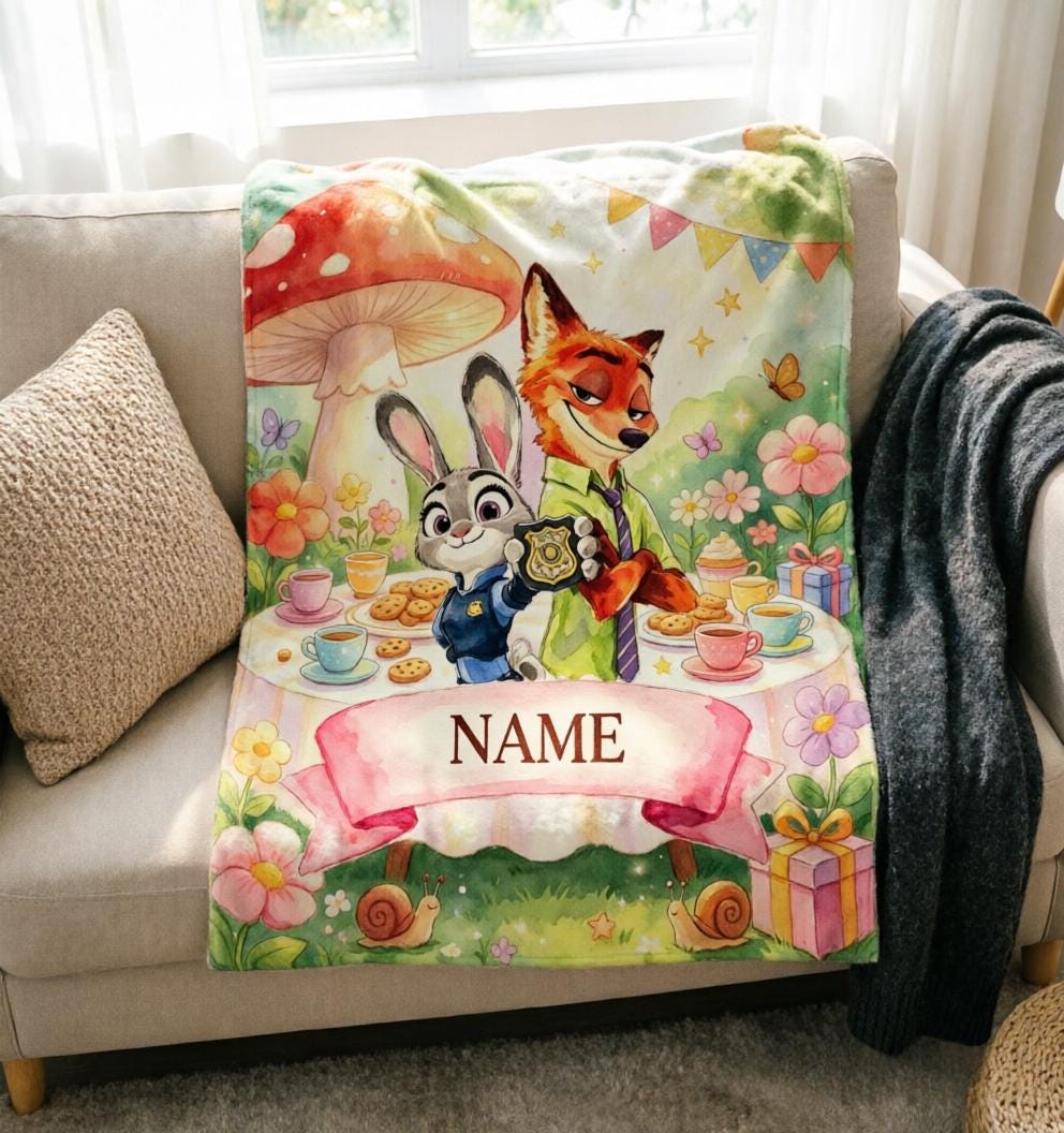 Custom Name Zootopia Watercolor Blanket Soft Throw, Personalized Kids Themed Keepsake Gift