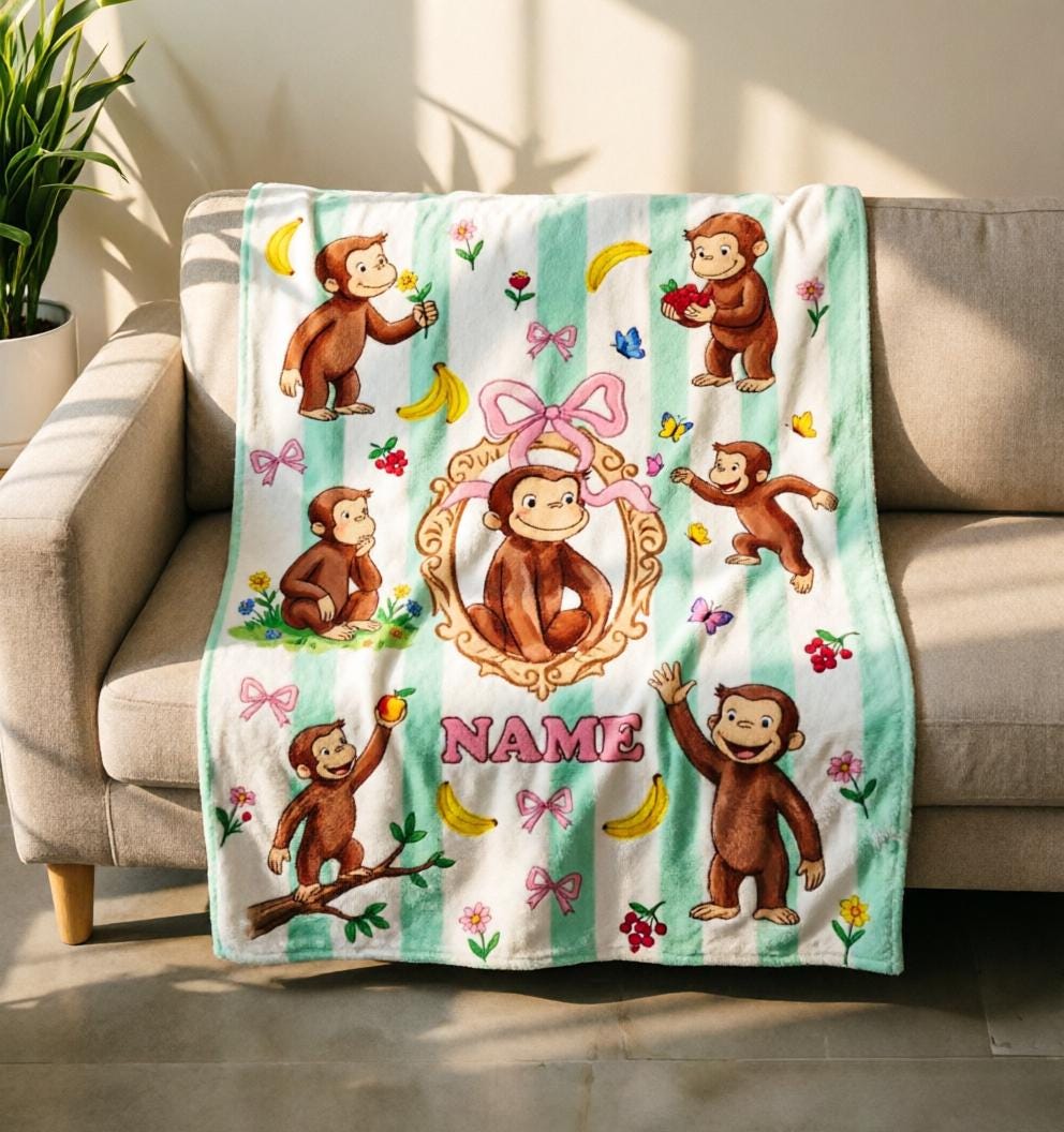 Custom Name Curious George Blanket Soft Throw, Sweet Monkey Nursery Kid Keepsake Gift