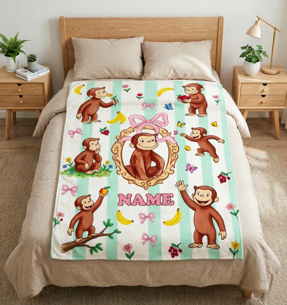 Custom Name Curious George Blanket Soft Throw, Sweet Monkey Nursery Kid Keepsake Gift